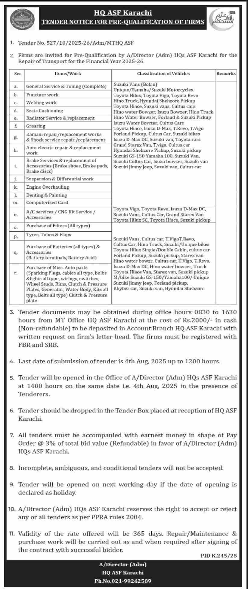 HQ ASF Karachi Tender Notice